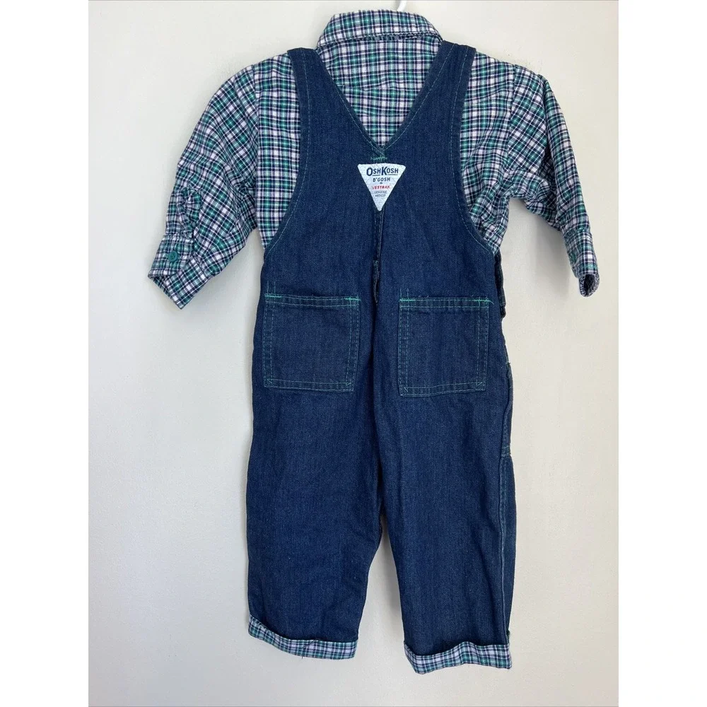 Vtg Oshkosh Vestbak Denim Bib Overalls Plaid Shirt Set Boys 12M USA RARE Plane